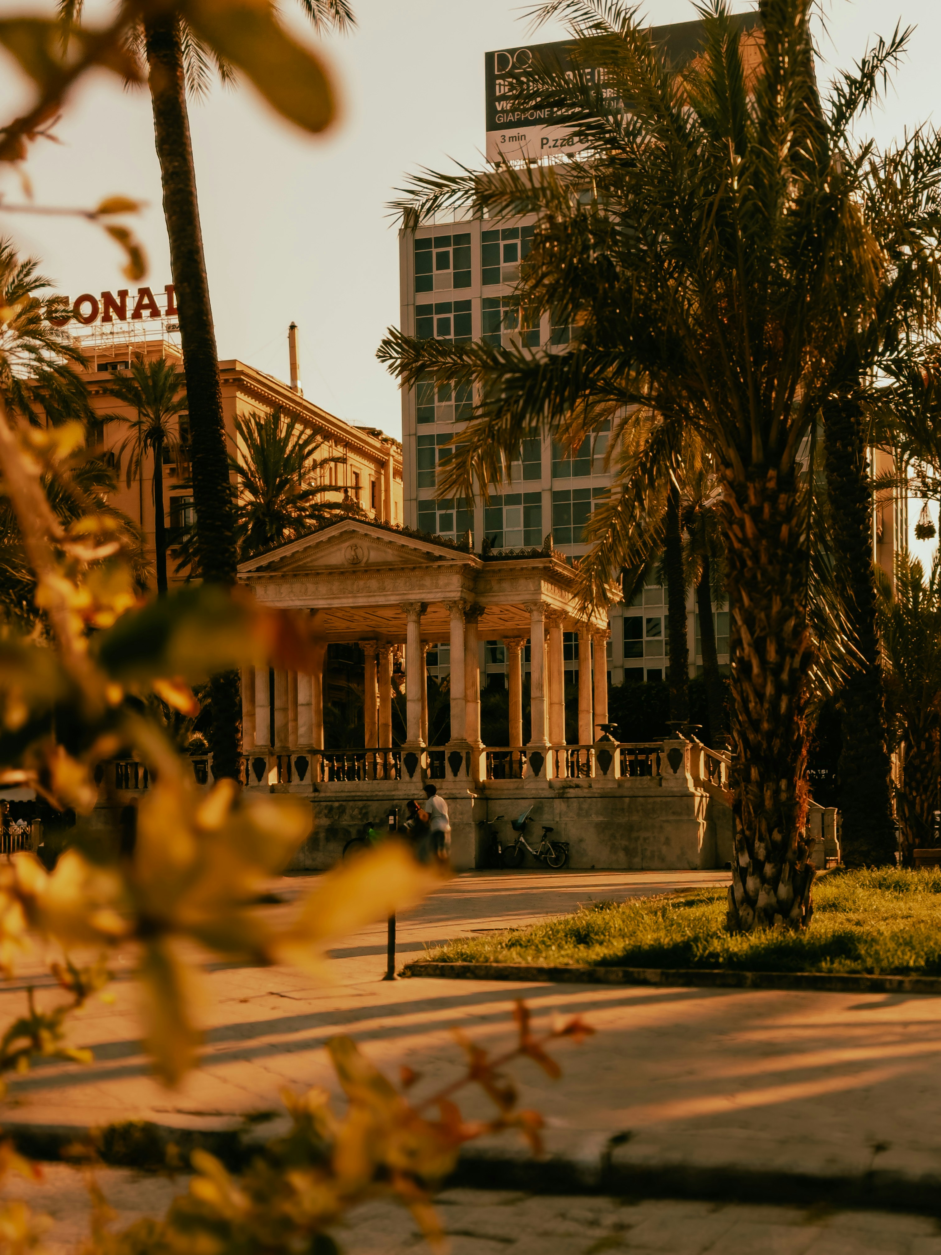 Neoclassical building with palm trees at sunset