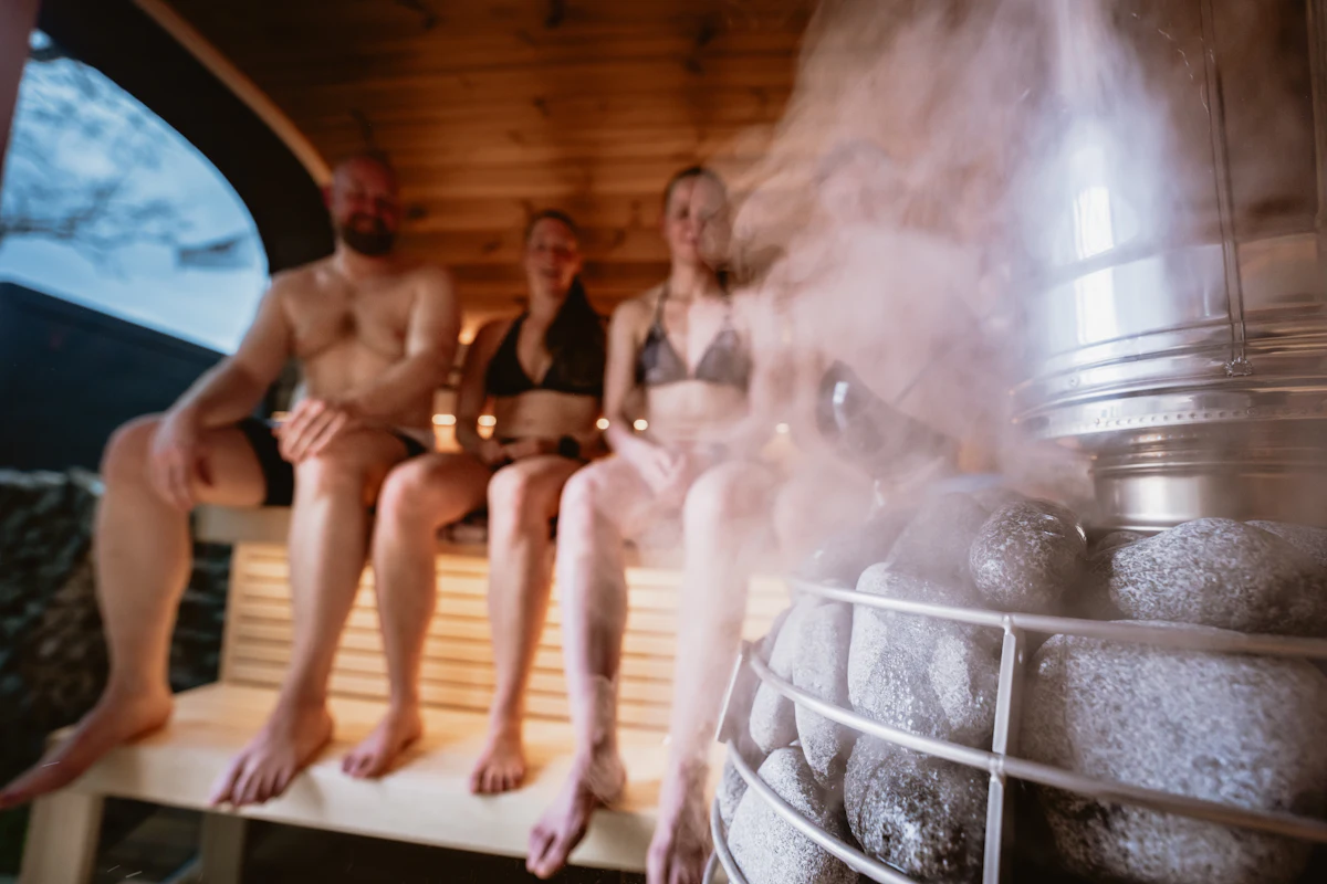 Sauna en bois avec poêle à pierres