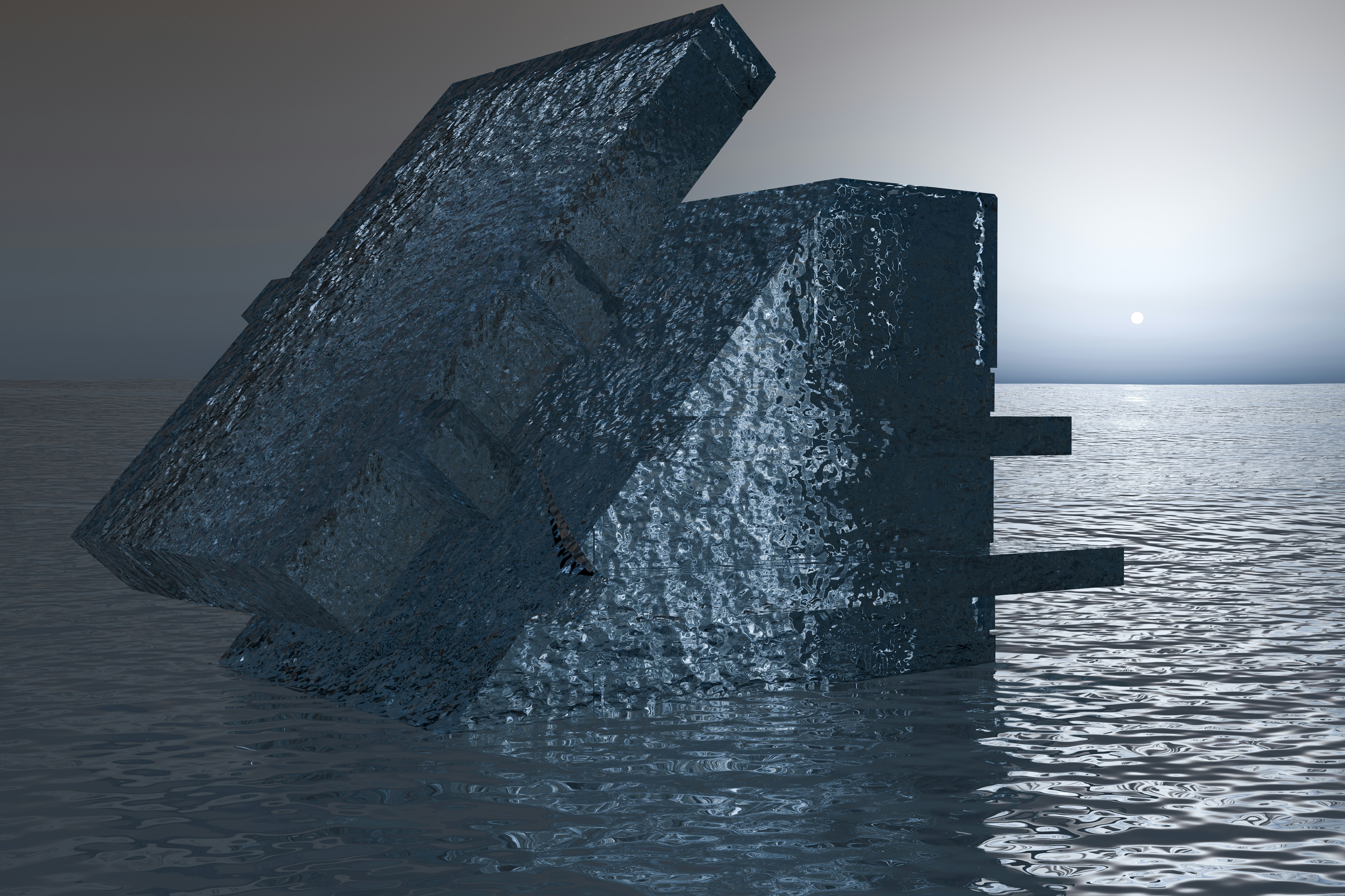 An abstract dark structure floats on the water.