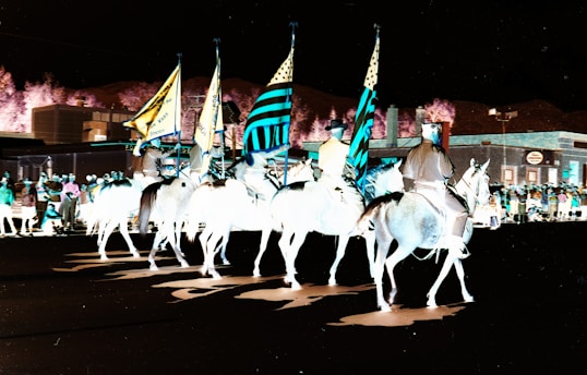 People on horseback with flags at night
