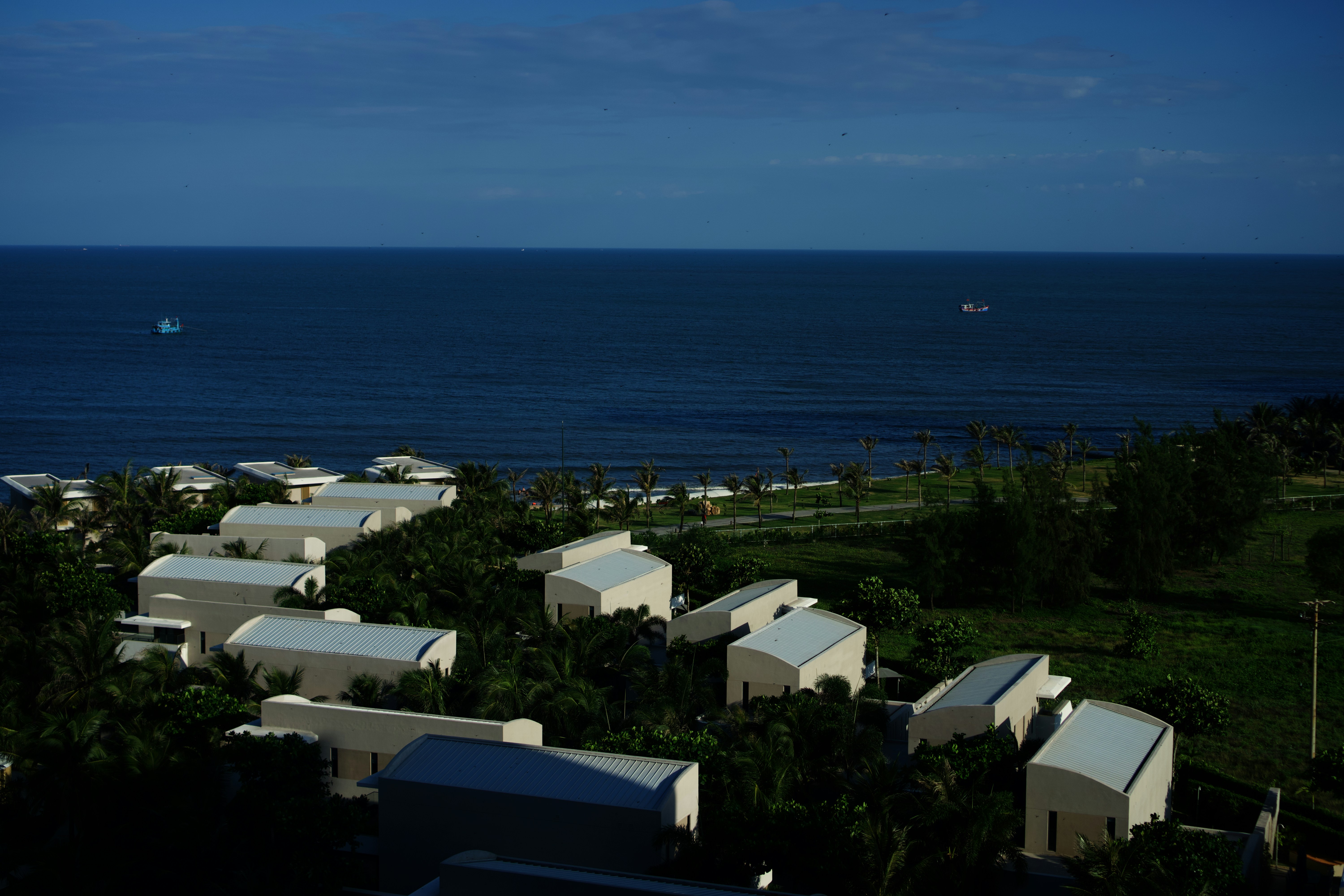 Modern white buildings nestled among lush green trees by the ocean