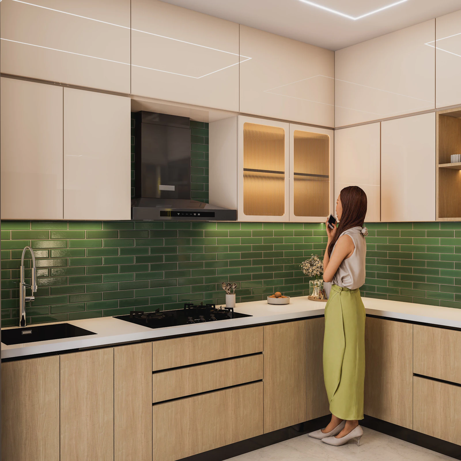 A kitchen with a green tiled splashback