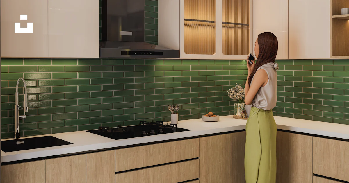 Modern kitchen with green subway tile backsplash photo – Free Interior ...