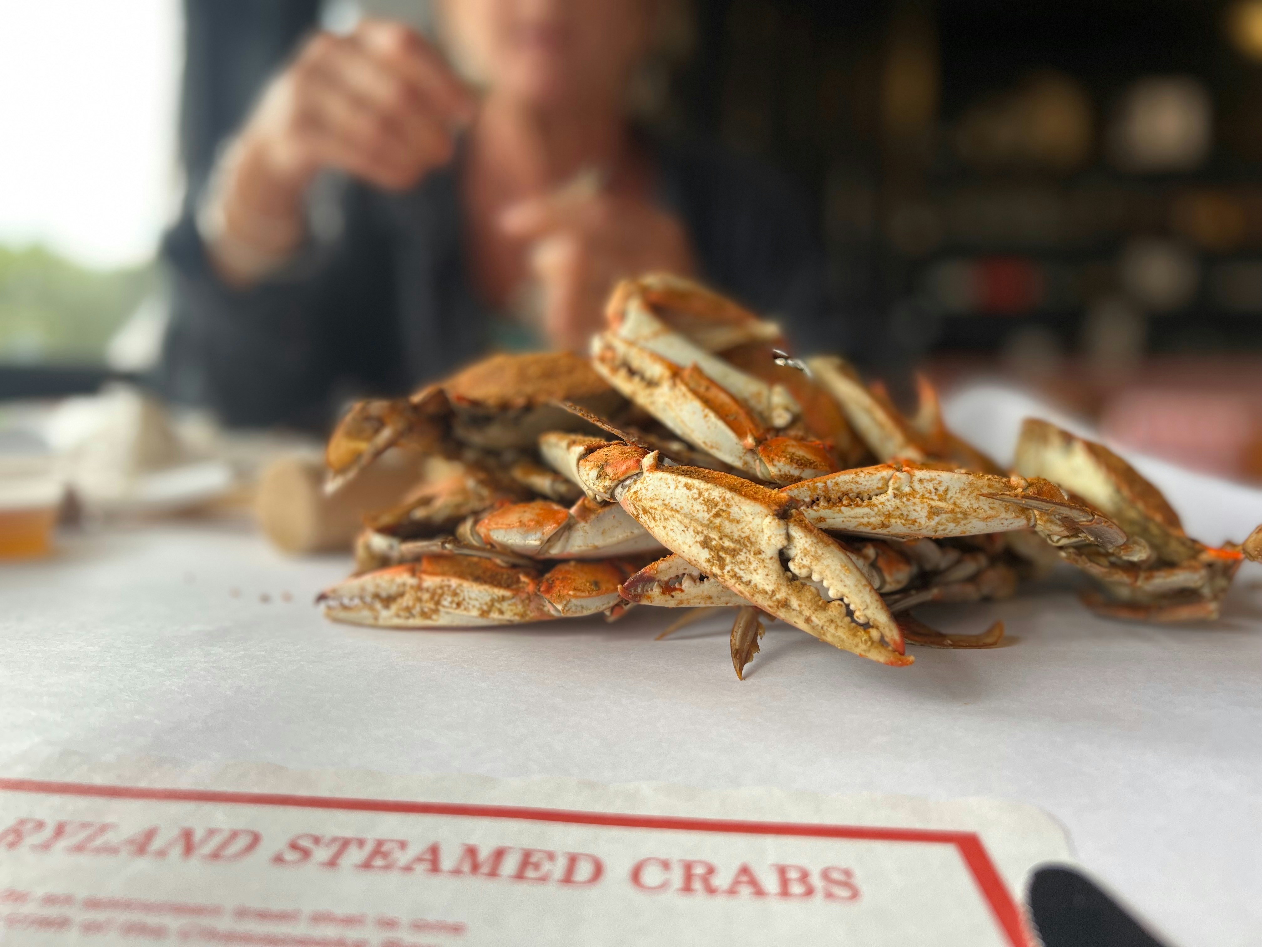 Pile of steamed crab claws on paper