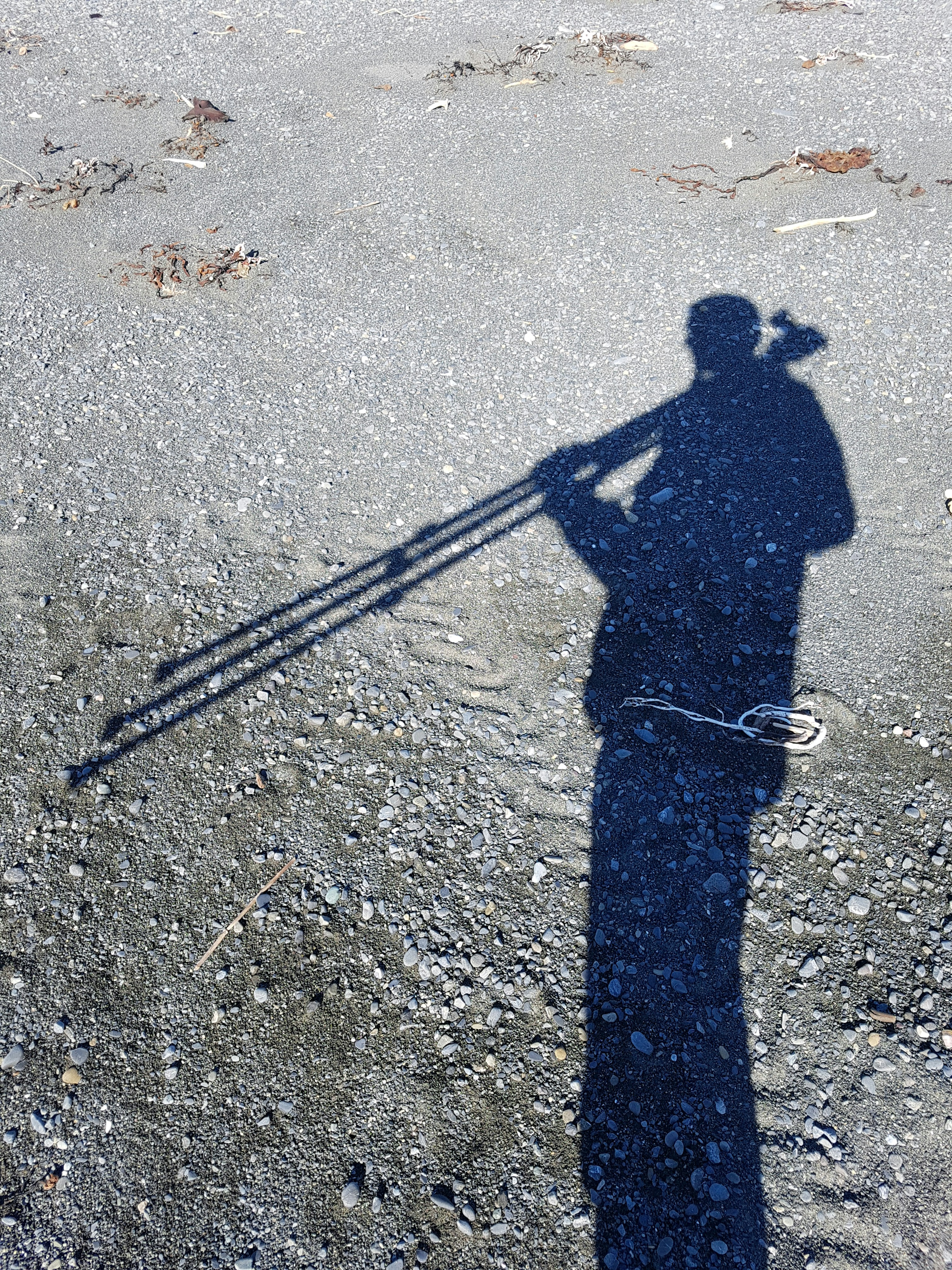 Shadow of a person holding a tripod on the beach
