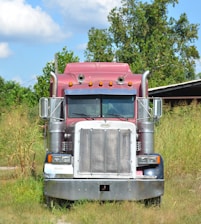 Maroon semi-truck parked in grassy area