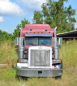 Maroon semi-truck parked in grassy area