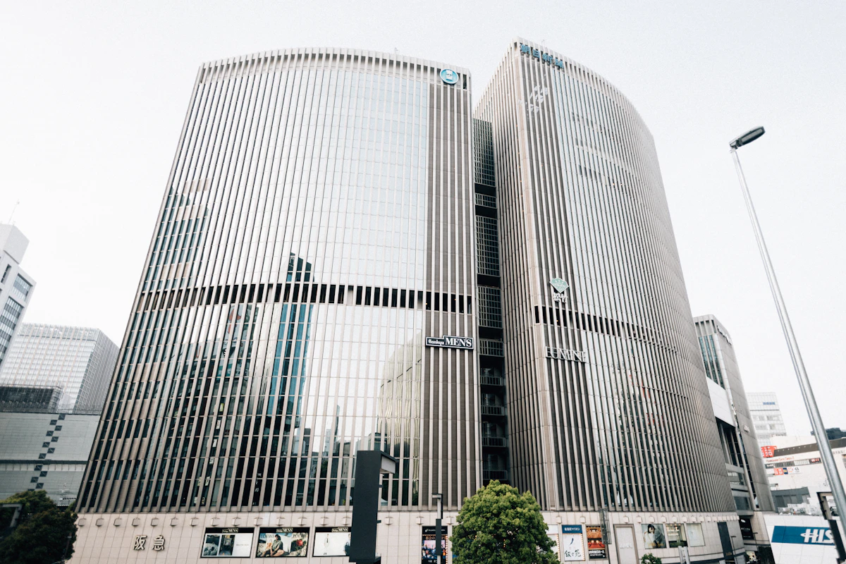 Modern glass office building exterior in a European city