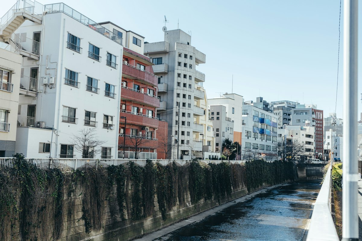 Mid-rise buildings along a river
