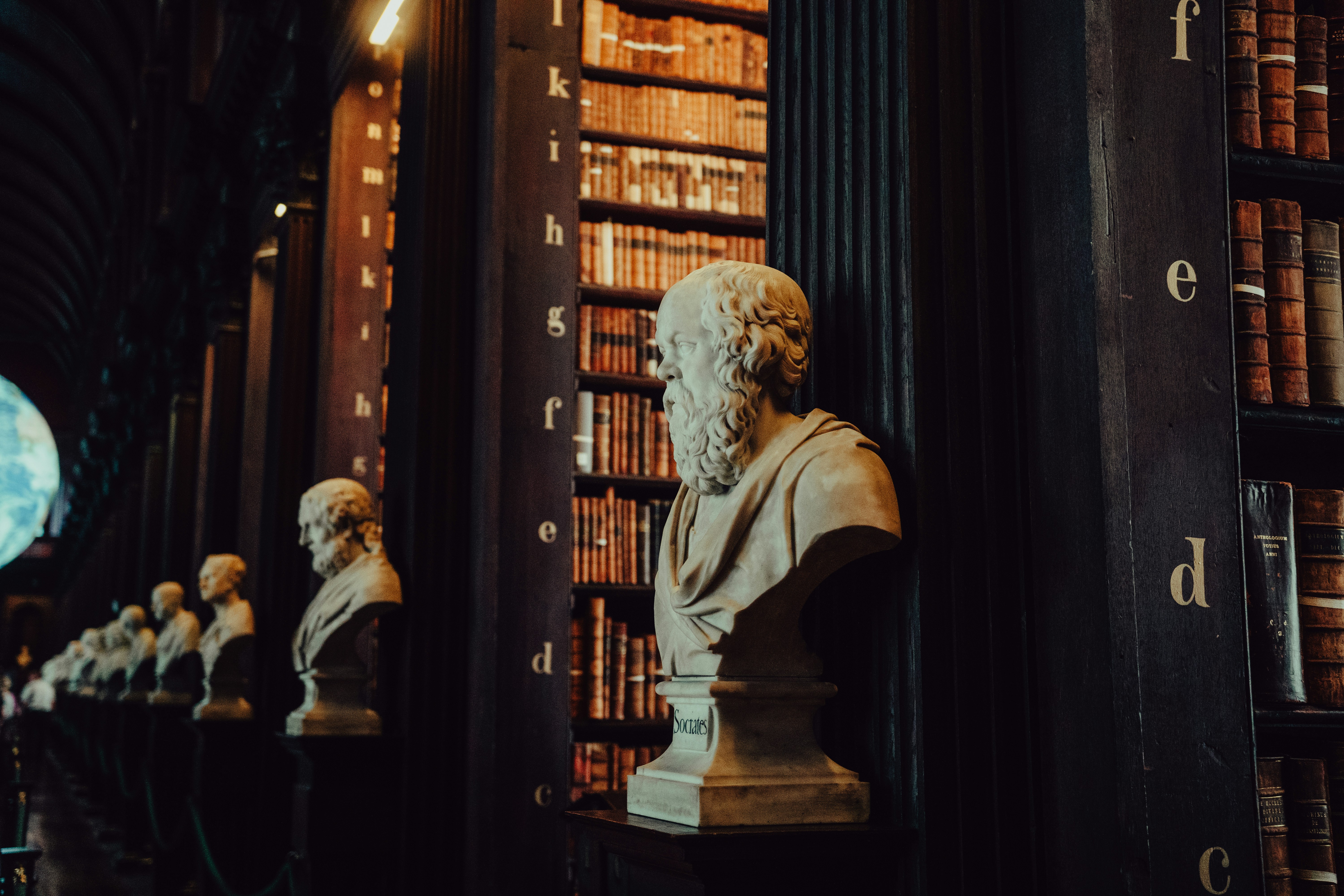 Busts and bookshelves in a grand library