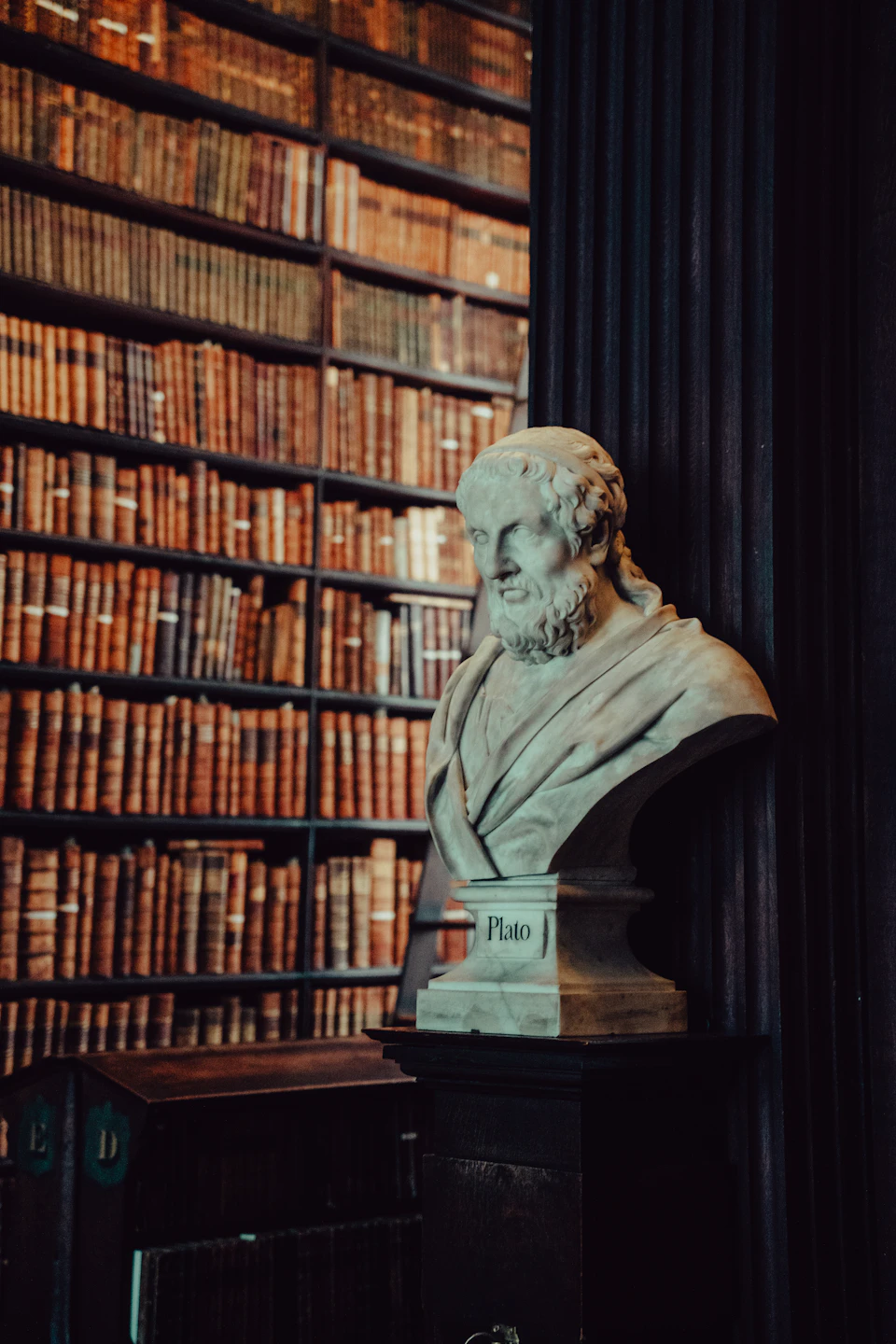 Large bust of a man sits atop a black pedestal in a library setting