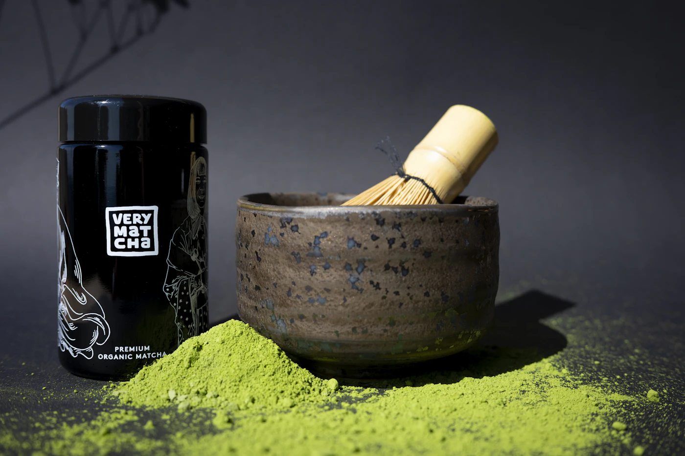 Matcha powder, whisk, and chawan bowl