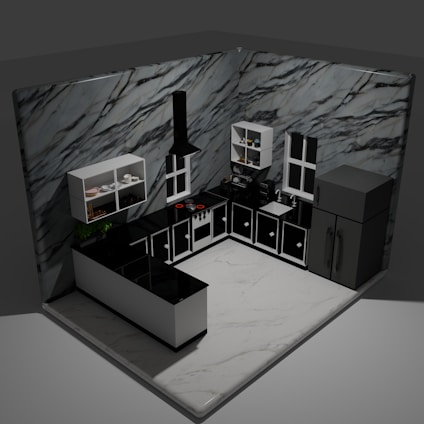 Modern l-shaped kitchen with marble accents