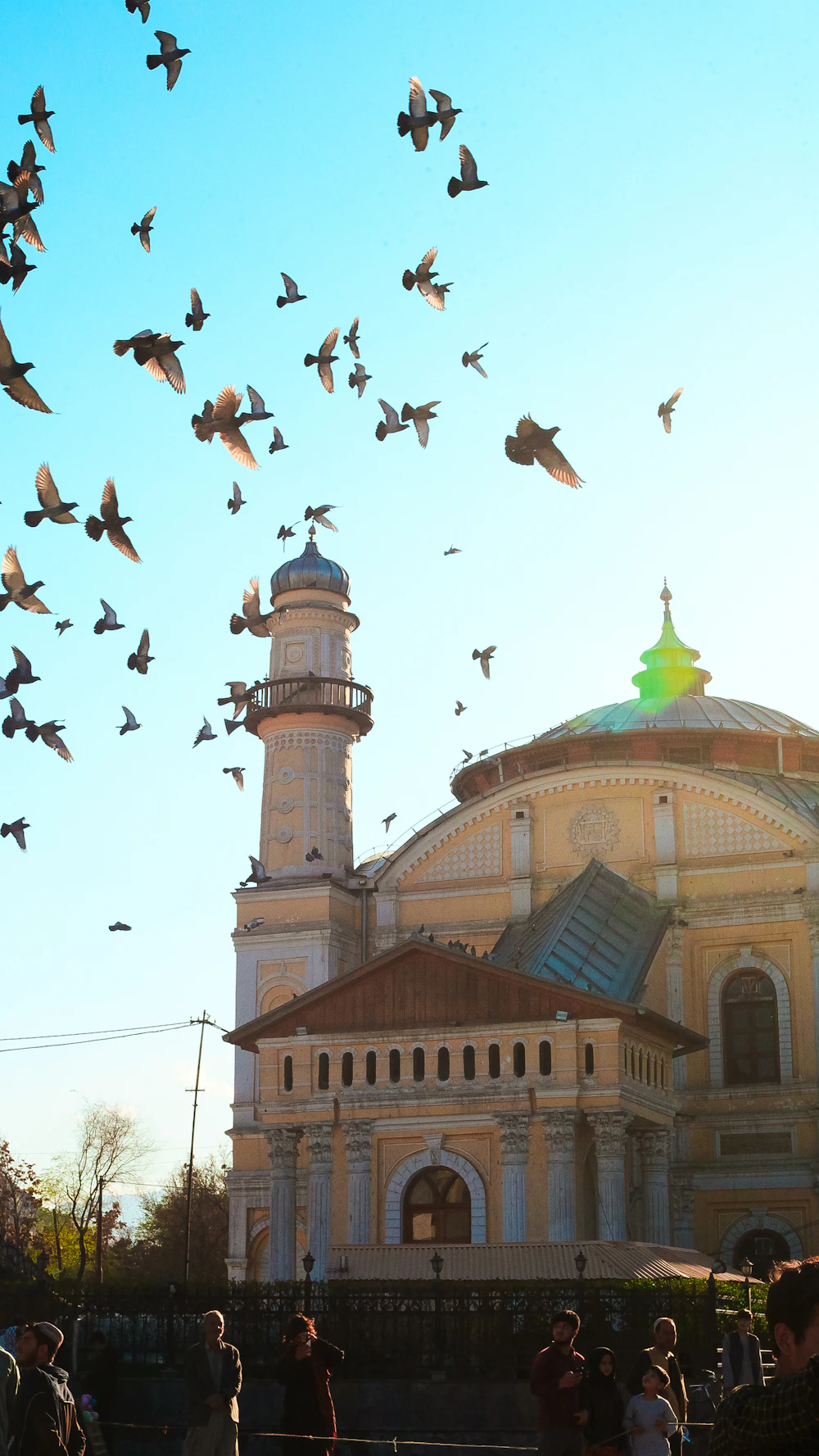 A flock of pigeons over a historic mosque against blue sky