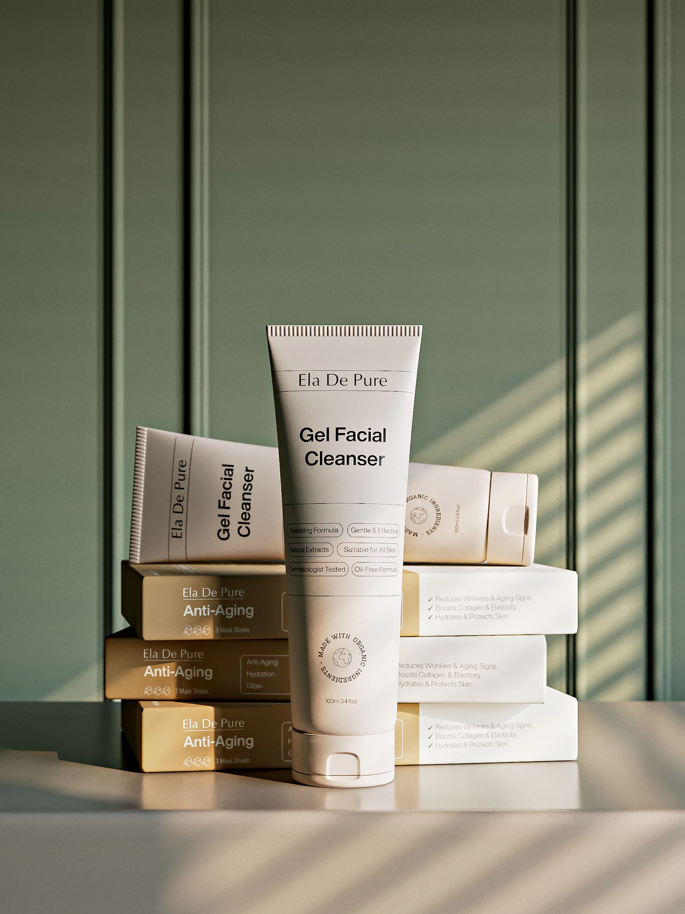 A selection of packaged skin care products arranged on a table.
