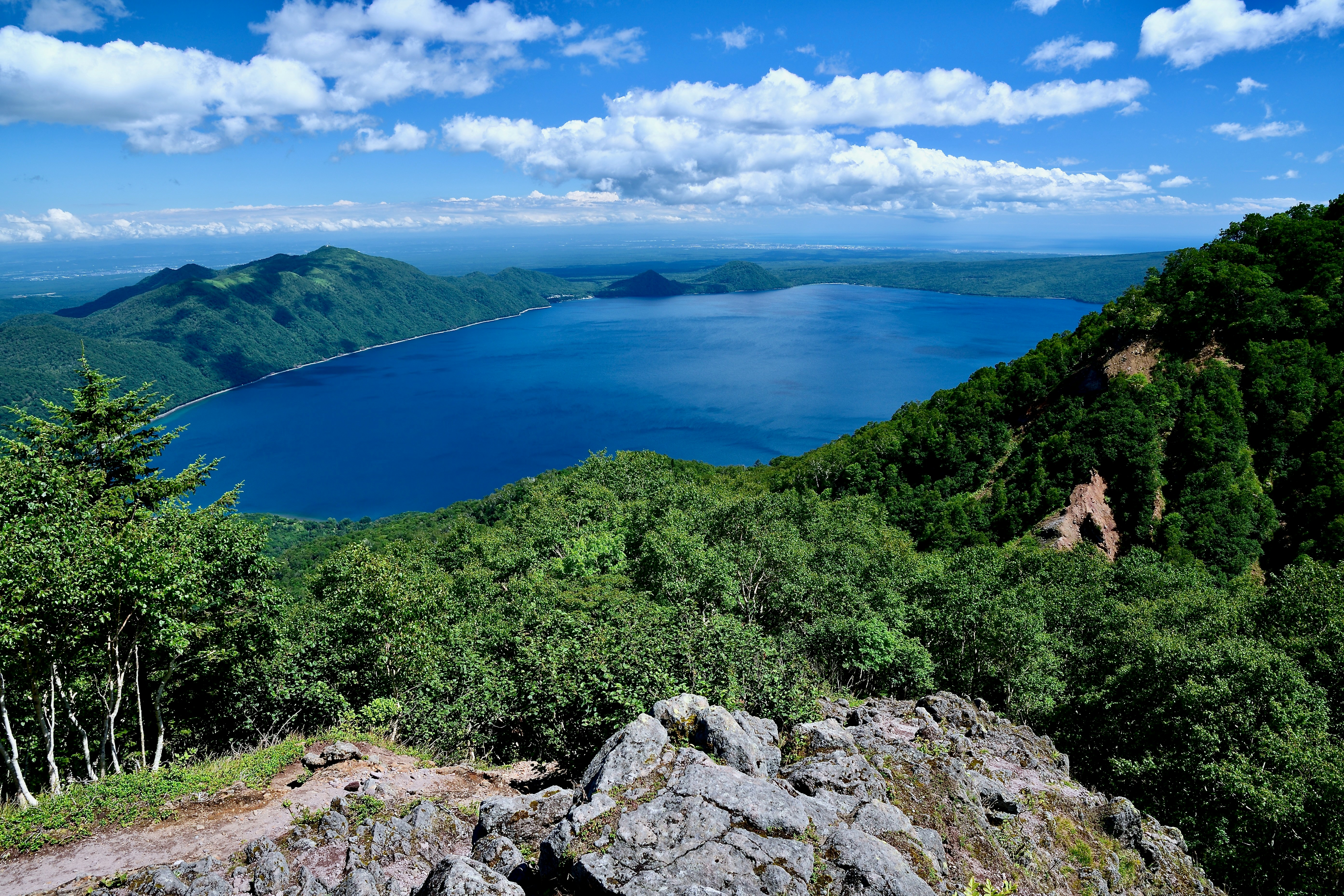 Scenic lake viewed from a rocky, tree-covered mountain peak