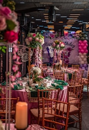 Elegant birthday party setup with floral decorations and balloons.