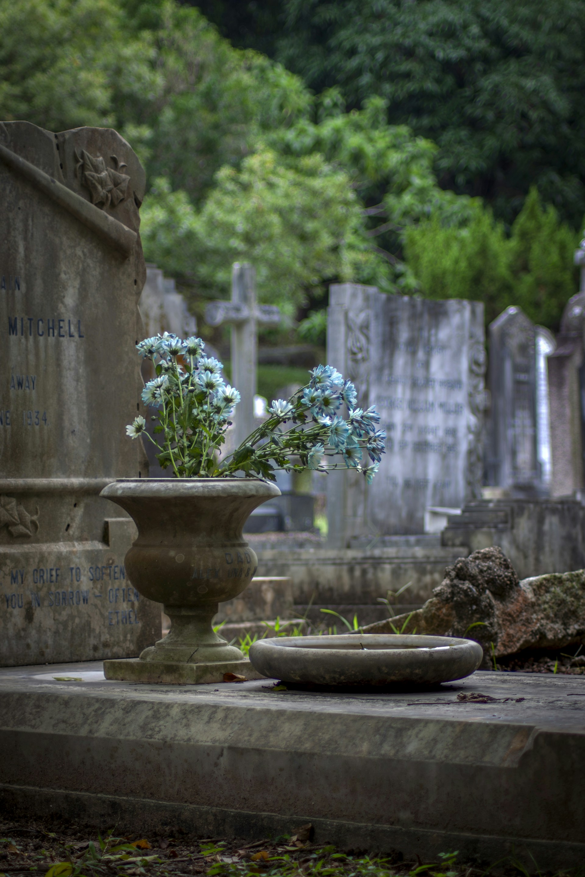 Flowers in a vase at a weathered cemetery