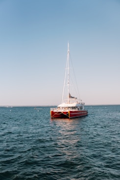 Red catamaran sailing on calm blue water