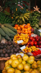 A colorful assortment of fresh tropical fruits at a market.