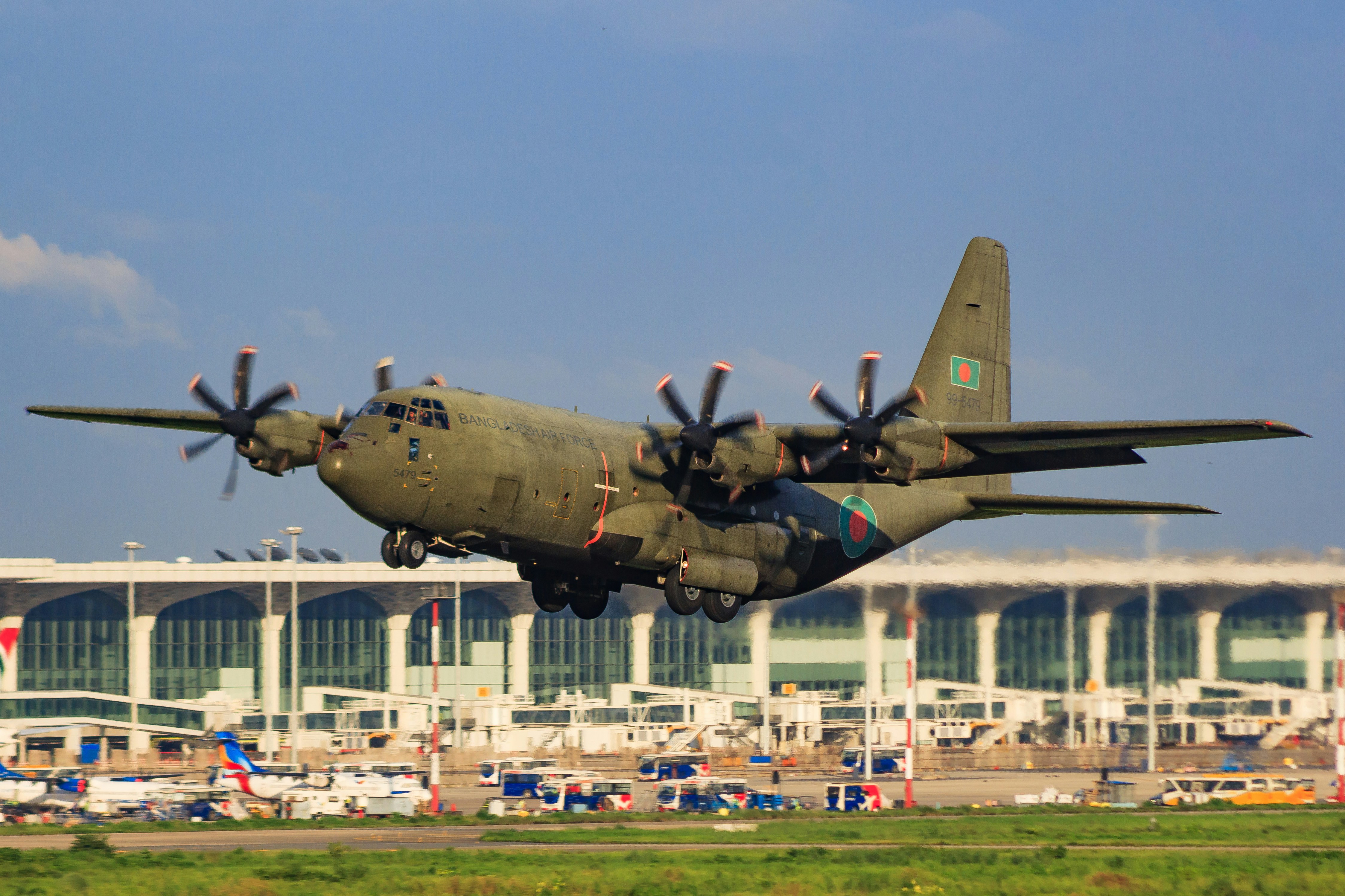 Military cargo plane taking off from airport