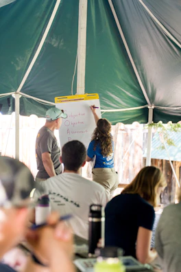 People gathered around a whiteboard during a presentation.