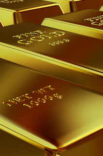 Rows of shiny gold bars with inscriptions