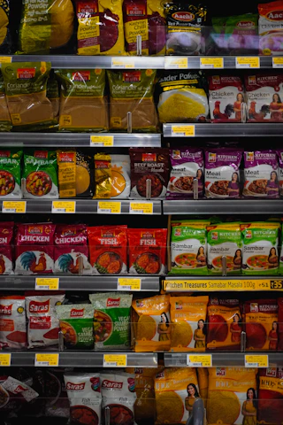 Shelves stocked with various spice and food packets