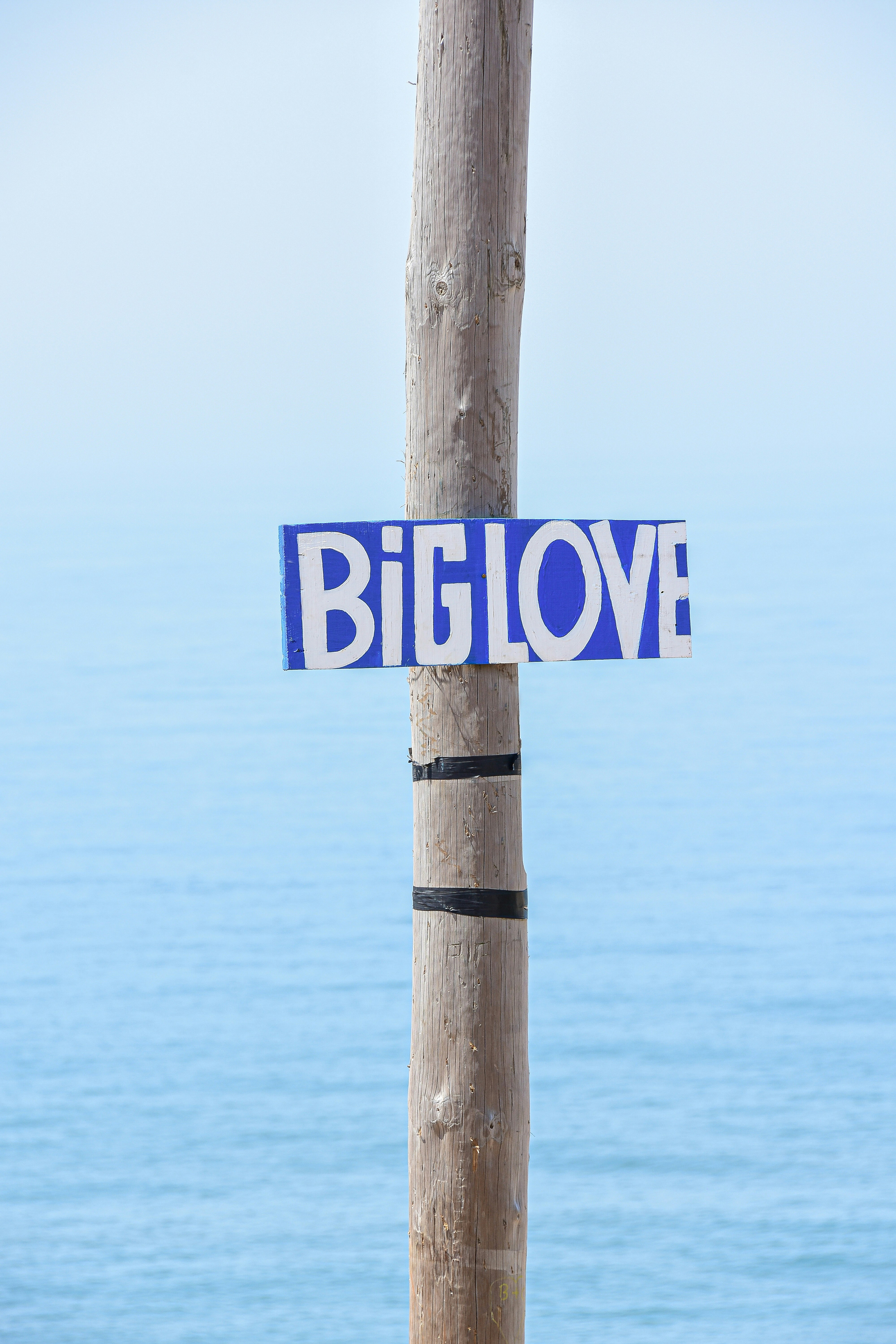 Wooden post with a blue sign saying big love.