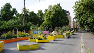 Urban street with colorful planters and trees