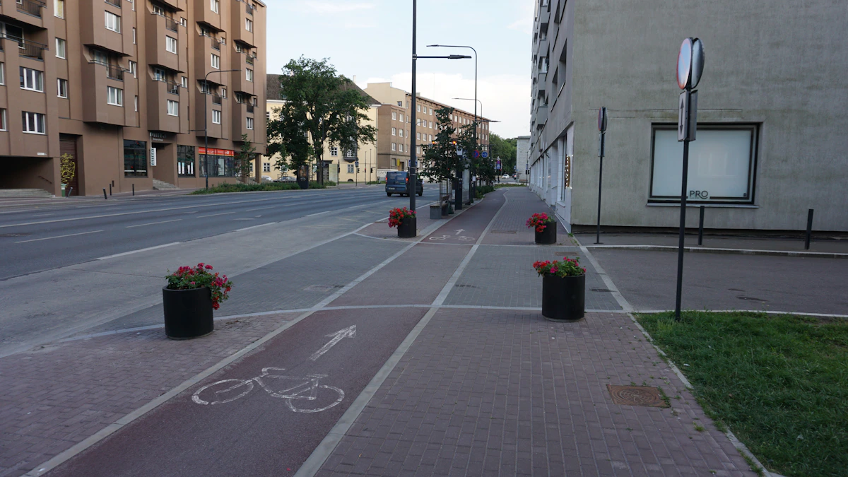 Bike lane, curb edge, and buildings along a neighborhood street