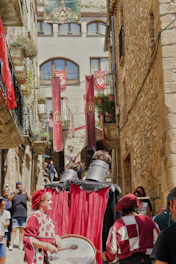 People in medieval costumes during a street festival.
