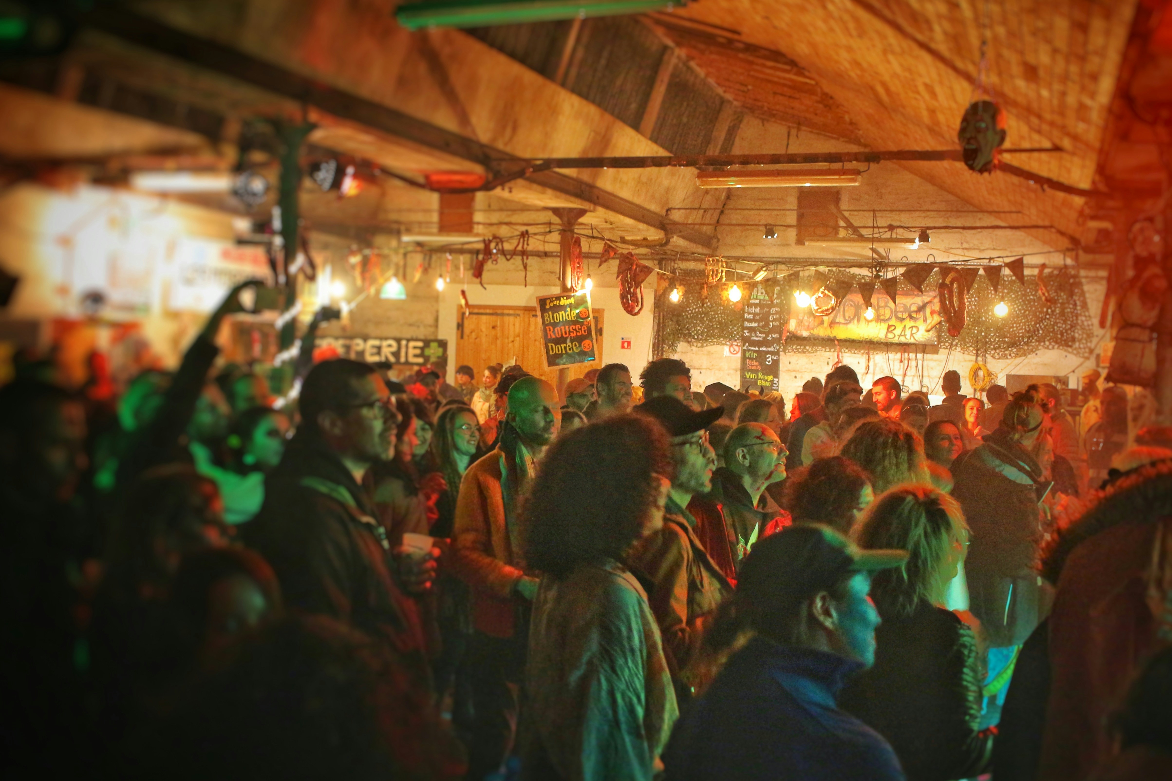 Crowd enjoying a concert in a dimly lit venue