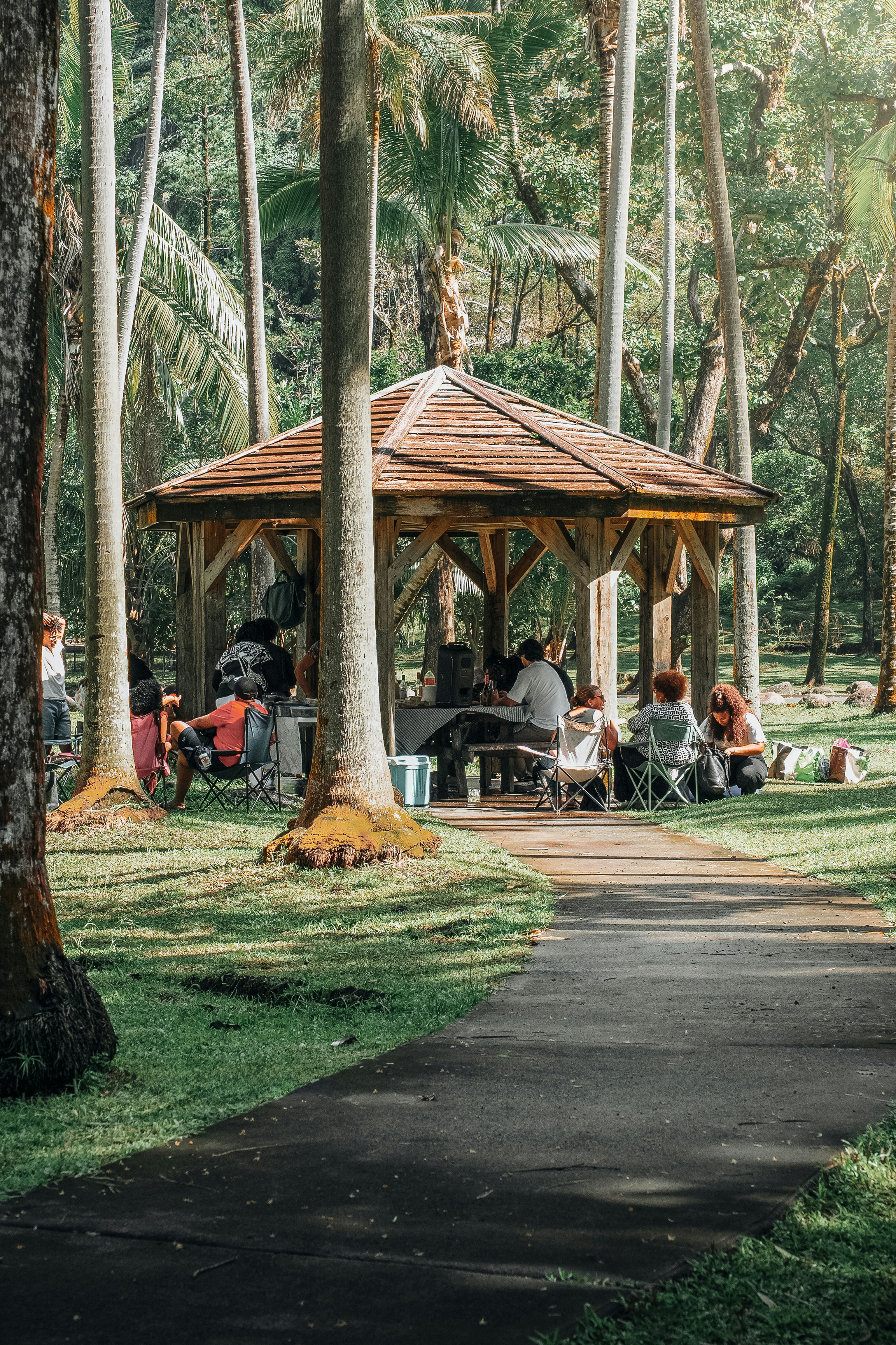 Les gens se sont rassemblés sous un belvédère en bois dans un parc.