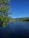 Calm blue lake surrounded by trees under clear sky