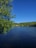 Calm blue lake surrounded by trees under clear sky