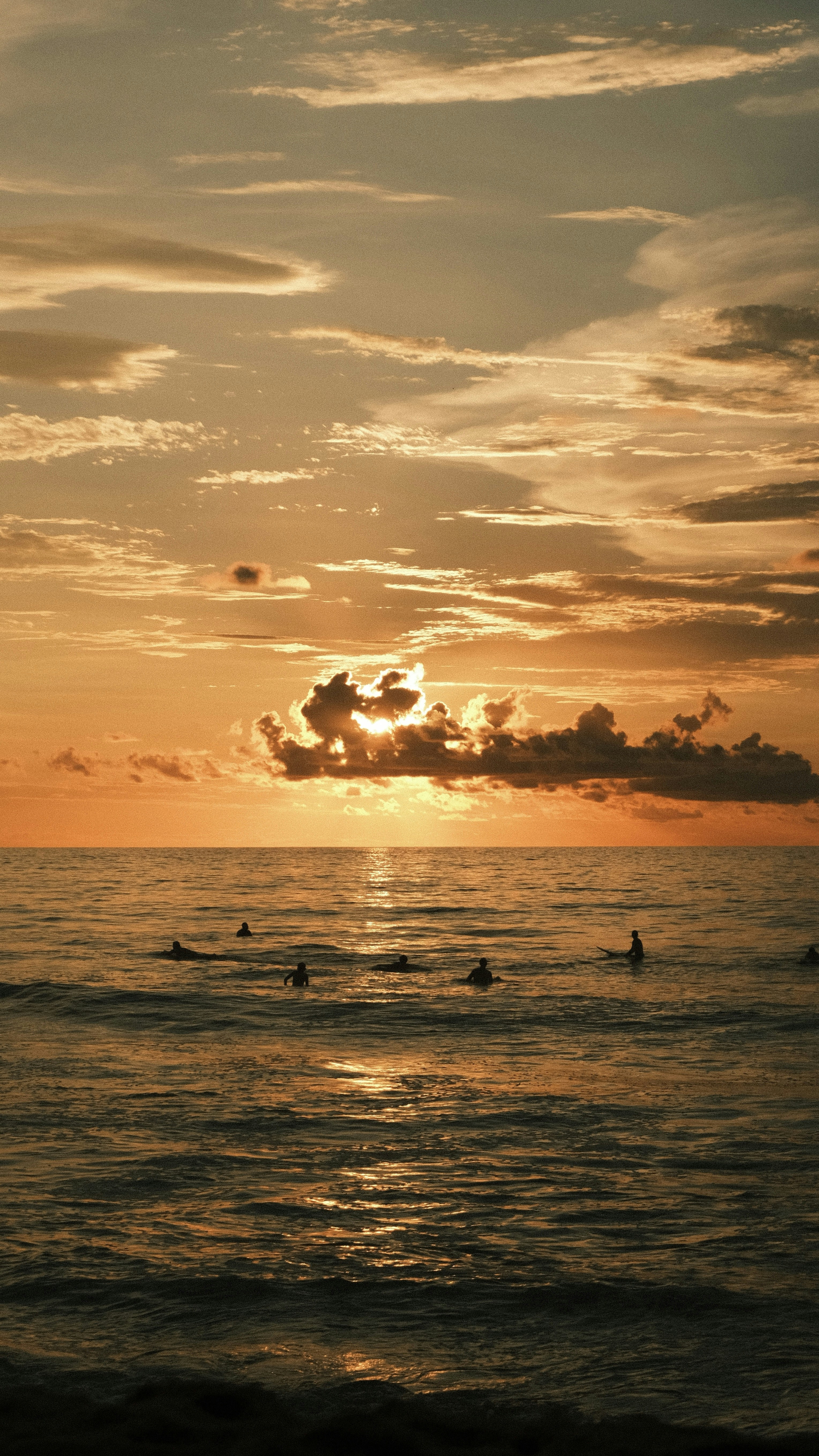 Surfers wait for waves in the ocean at sunset.
