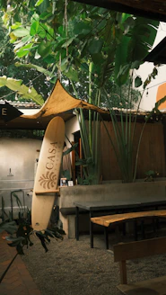 Surfboard leaning against a wall in a tropical setting.