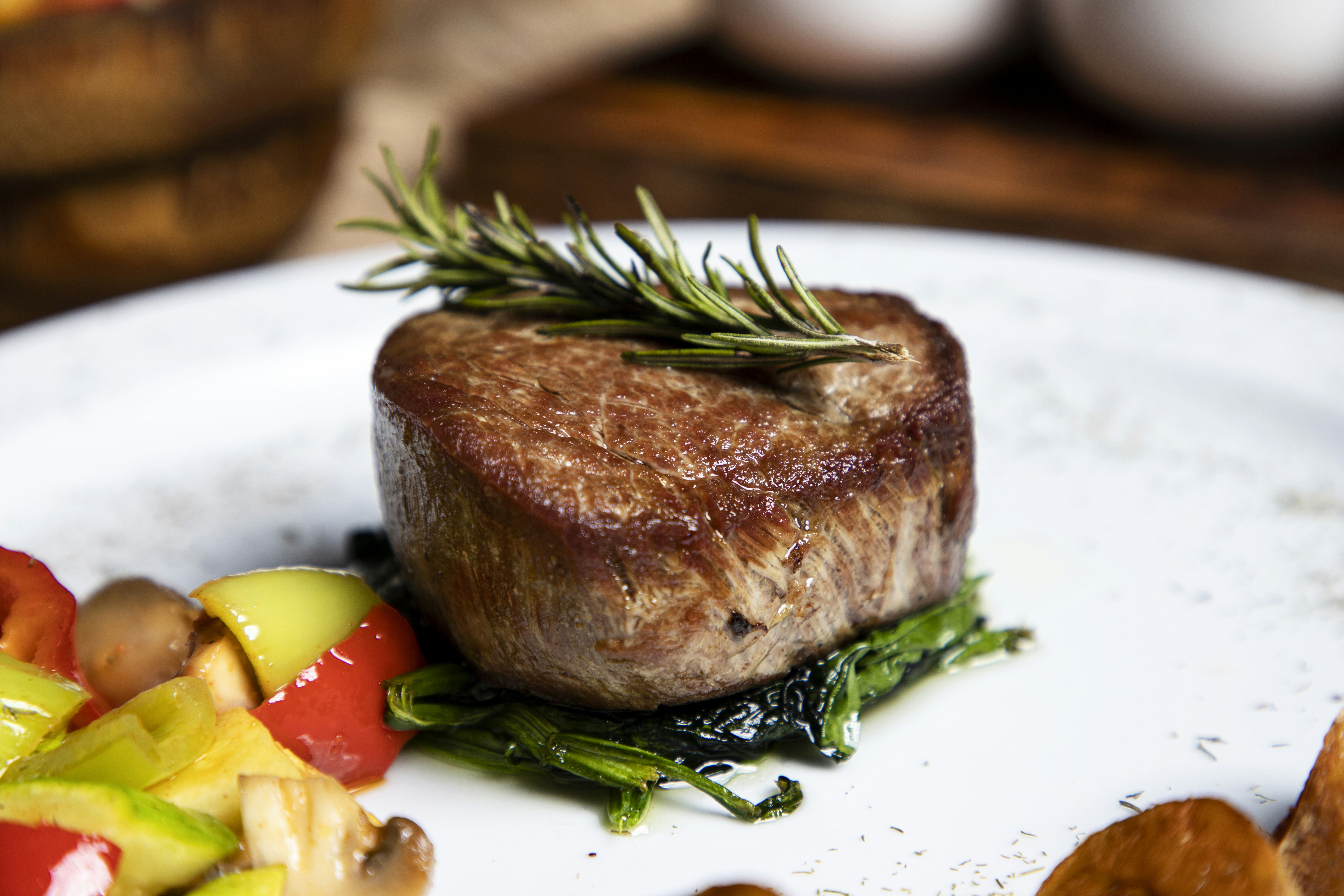 Succulent steak with roasted peppers and mushrooms