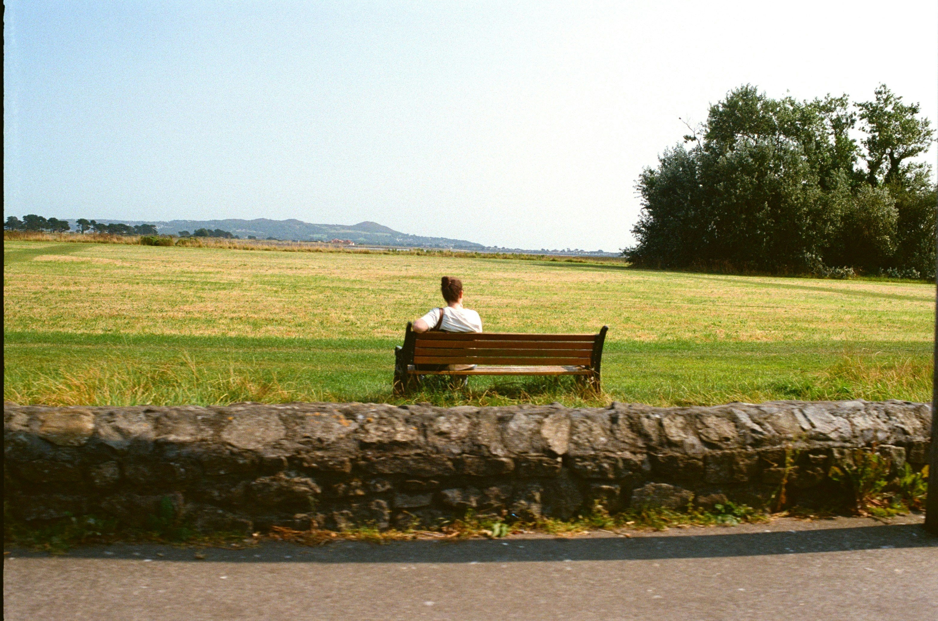 Person sitting on park bench overlooking field