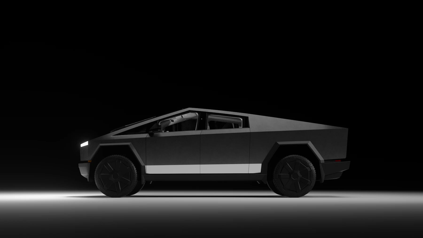 A Tesla Cybertruck in profile against a dark ground