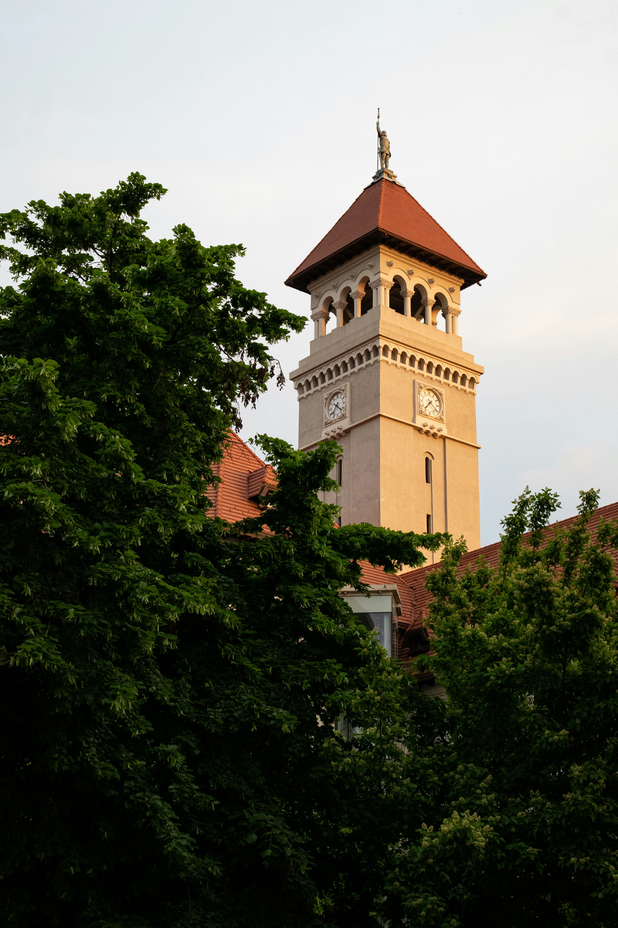 Historic tower with clock faces surrounded by trees.