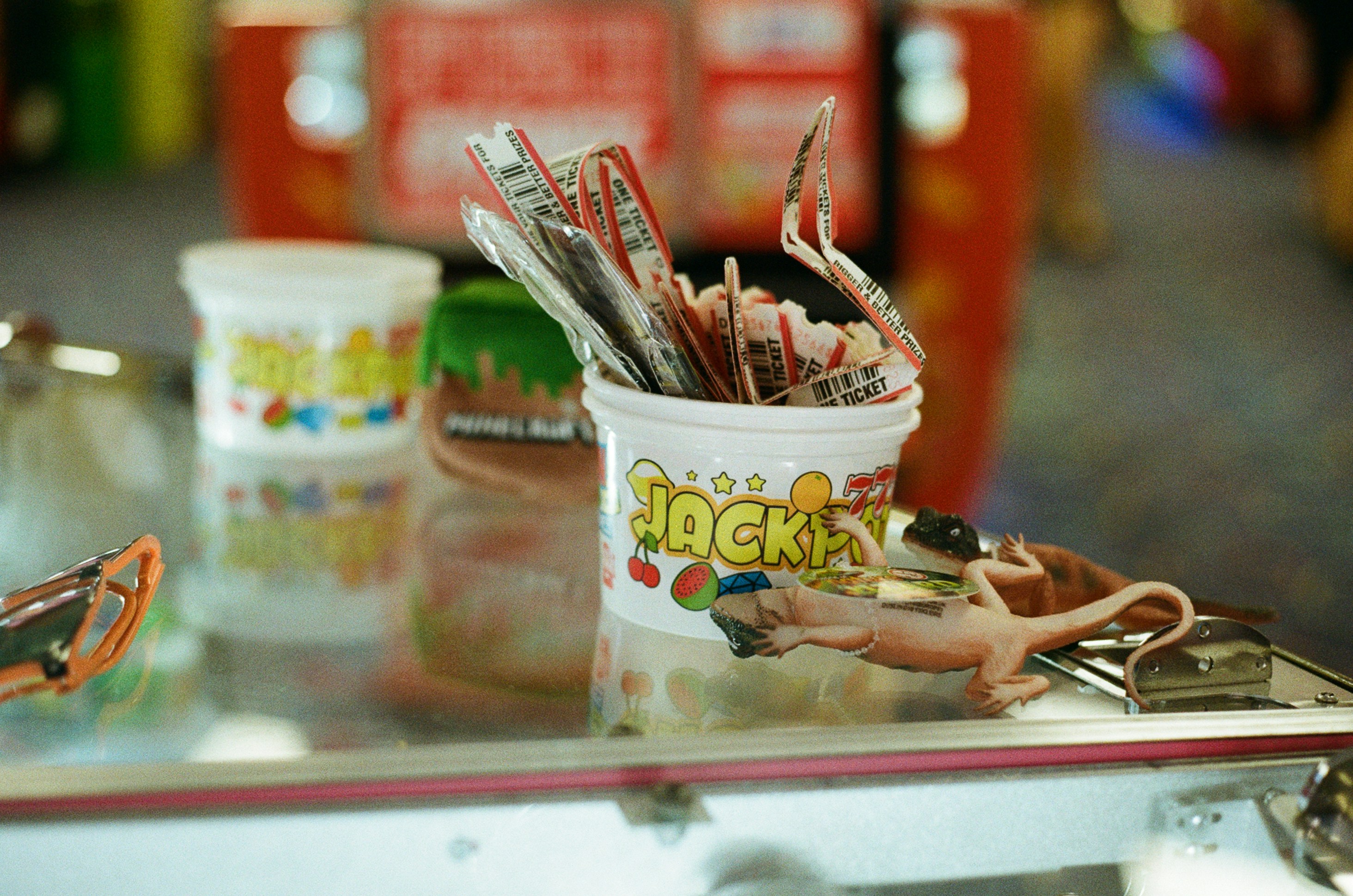 Cup filled with snacks and toys on display