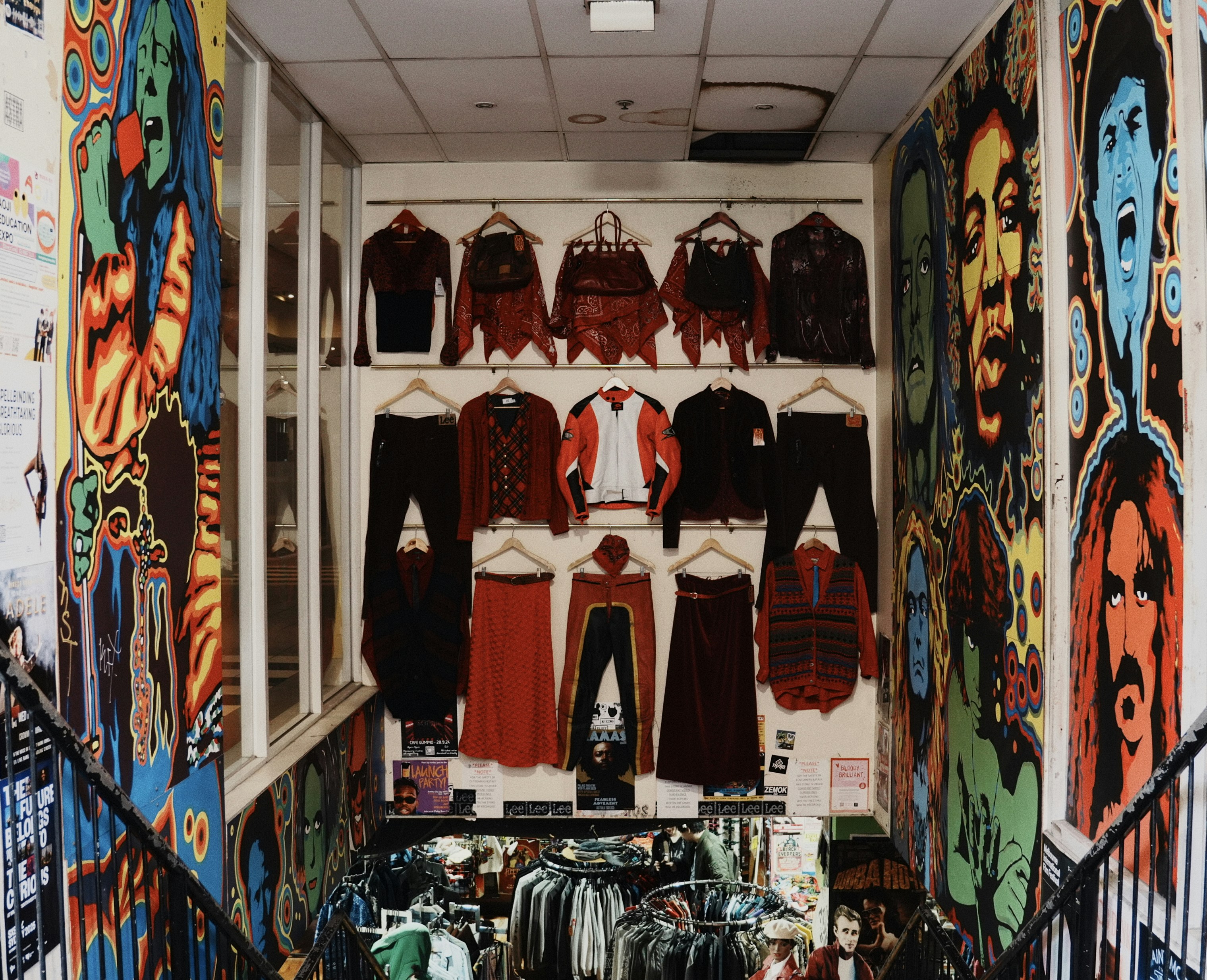 Colorful psychedelic art adorns walls of clothing store