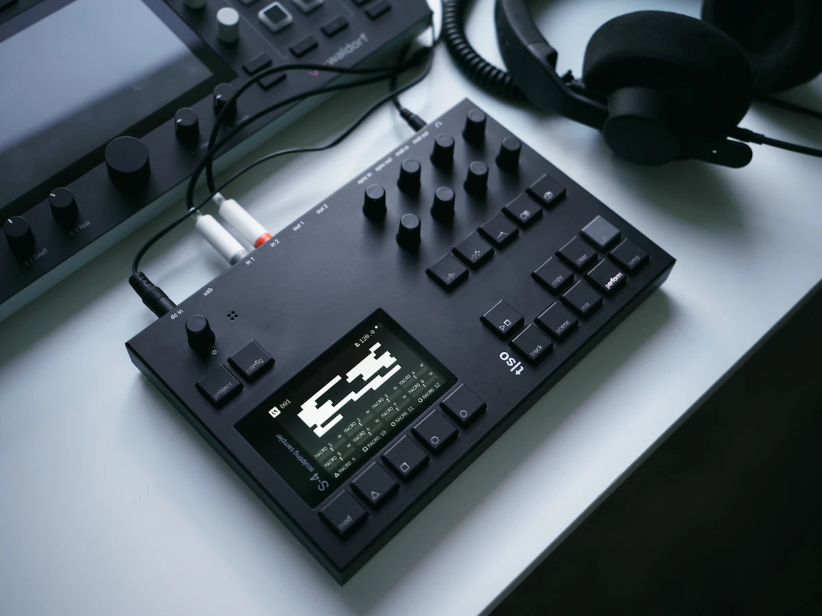 Black sampler and headphones on a desk in a music studio