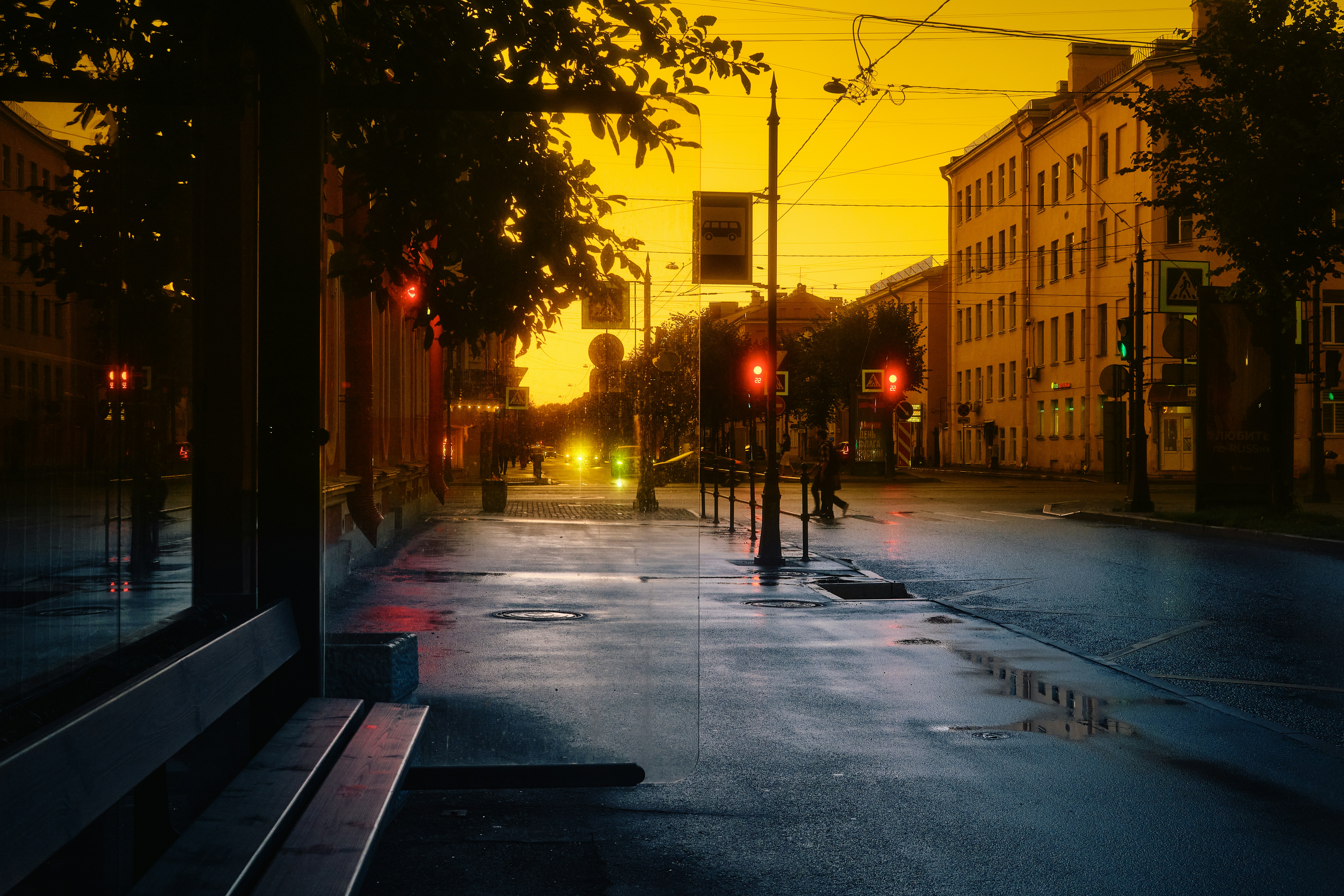Street scene at dusk with wet pavement and traffic lights.
