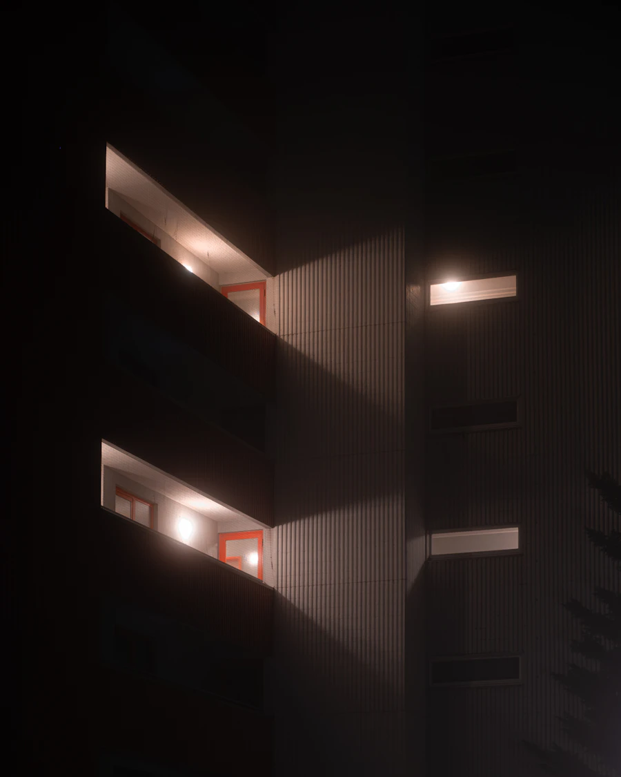 Luxury boutique hotel exterior illuminated at night