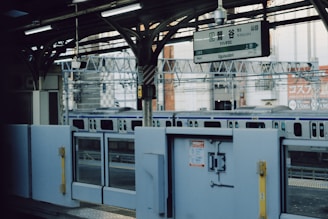 Train station platform with closed doors and train
