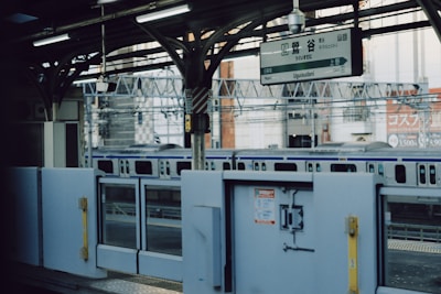 Train station platform with closed doors and train
