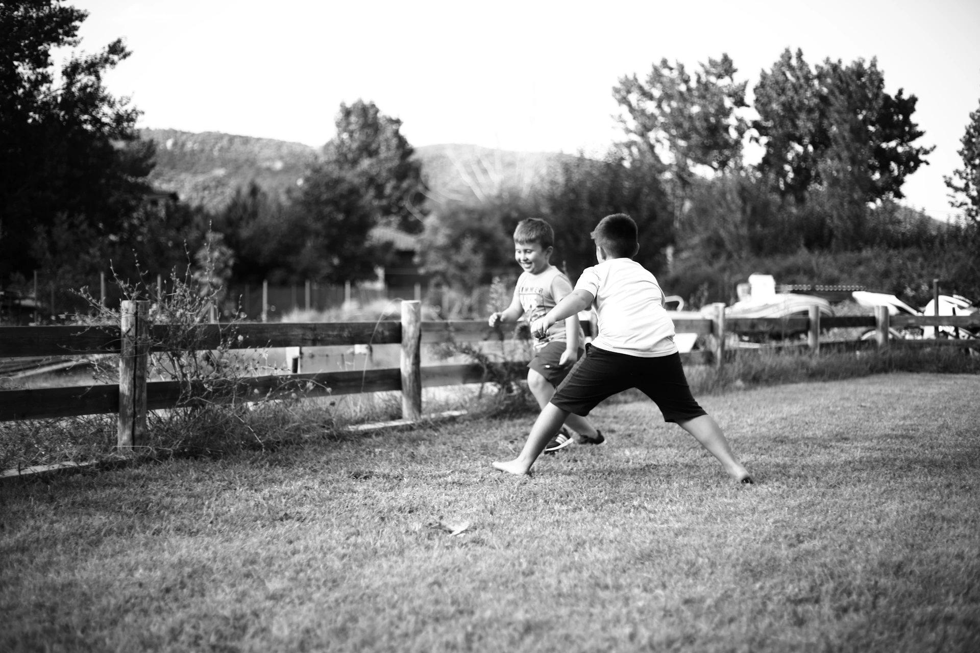 Two boys playing in a grassy field.